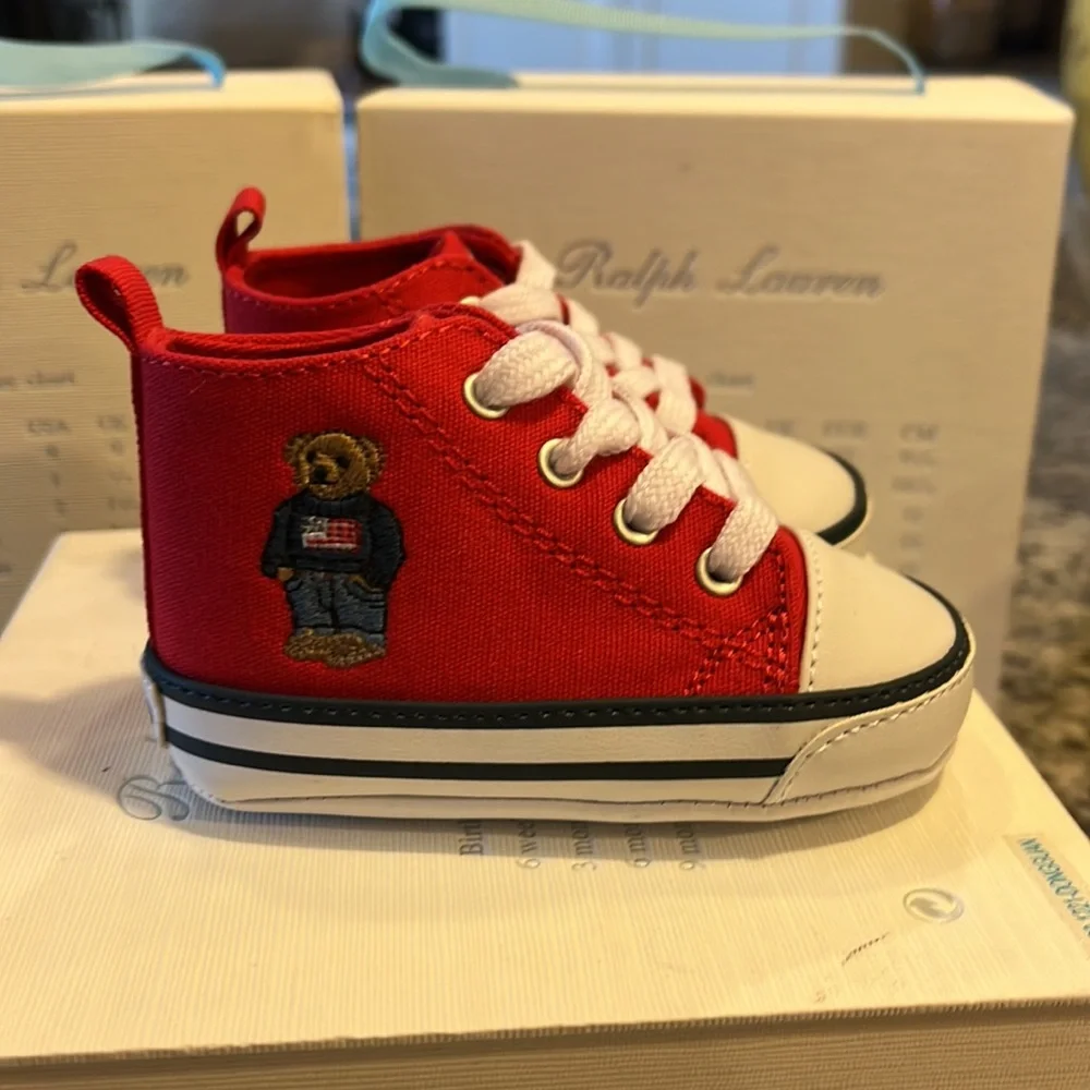 Polo Ralph Lauren Sweater USA Flag Bear baby booties shoes infant size 2, 3-6 mo